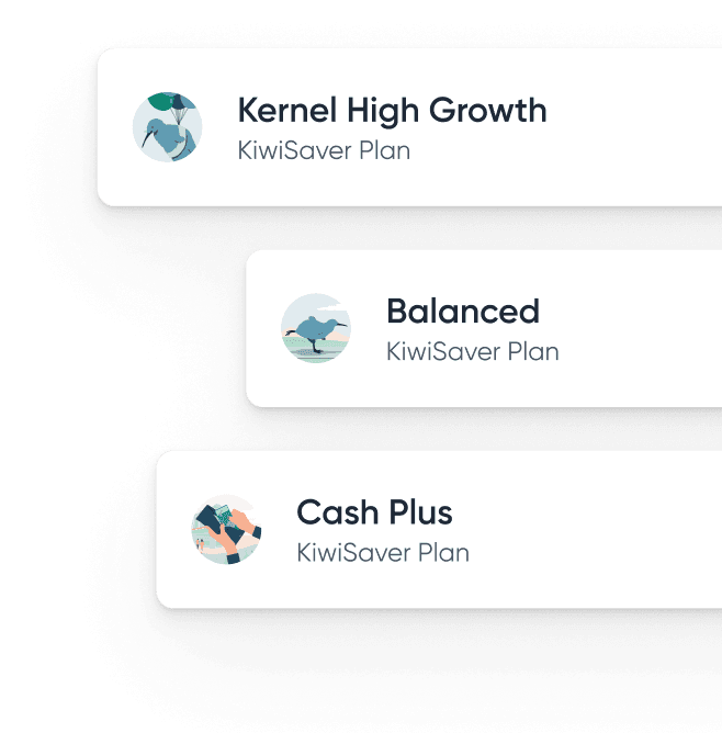 Three fund cards showing Kernel Wealth's diversified funds
