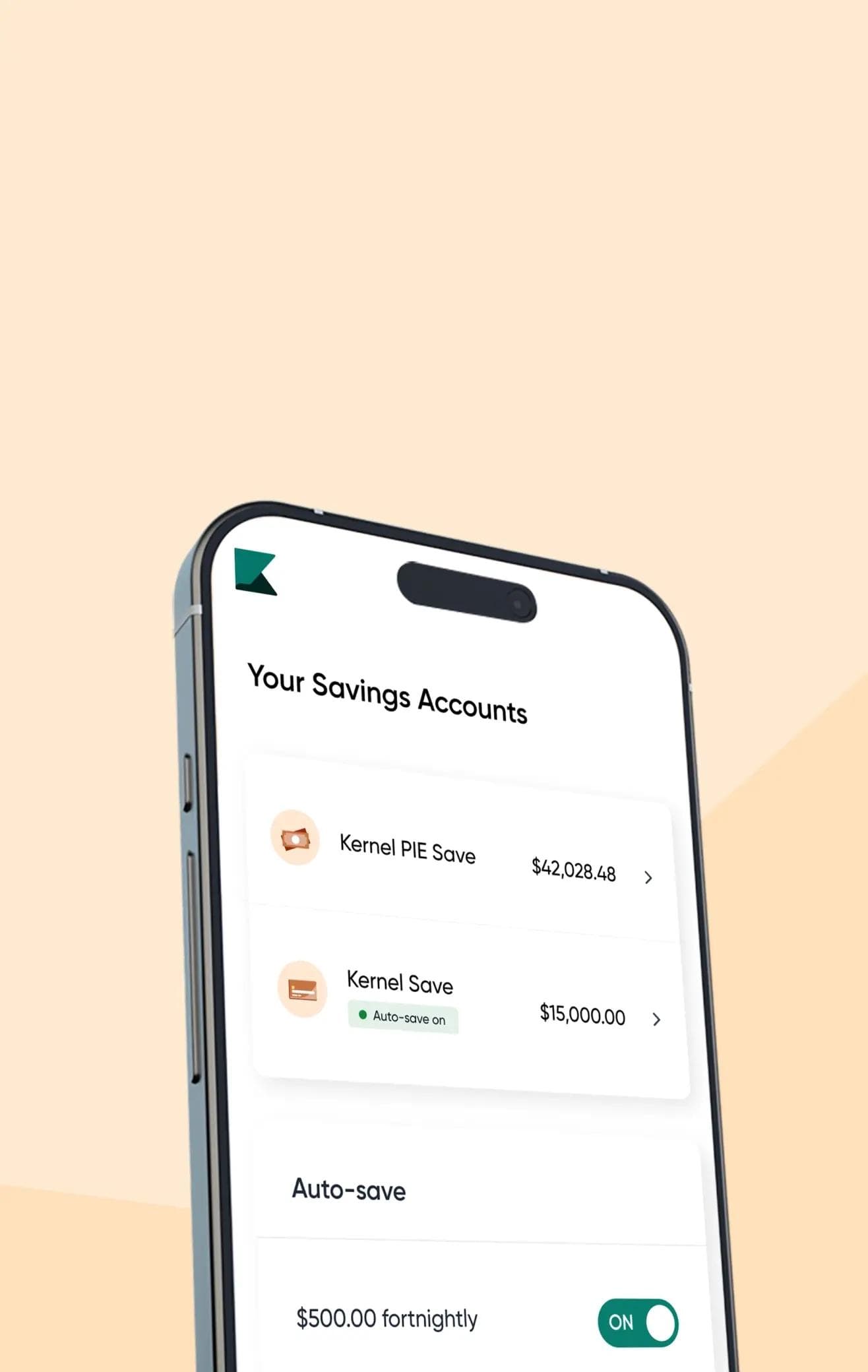 A mobile device showing Kernel PIE Save and Kernel Save with auto-invest