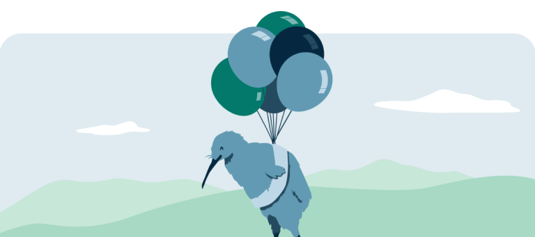 A happy kiwi flying using balloons tied to its chest