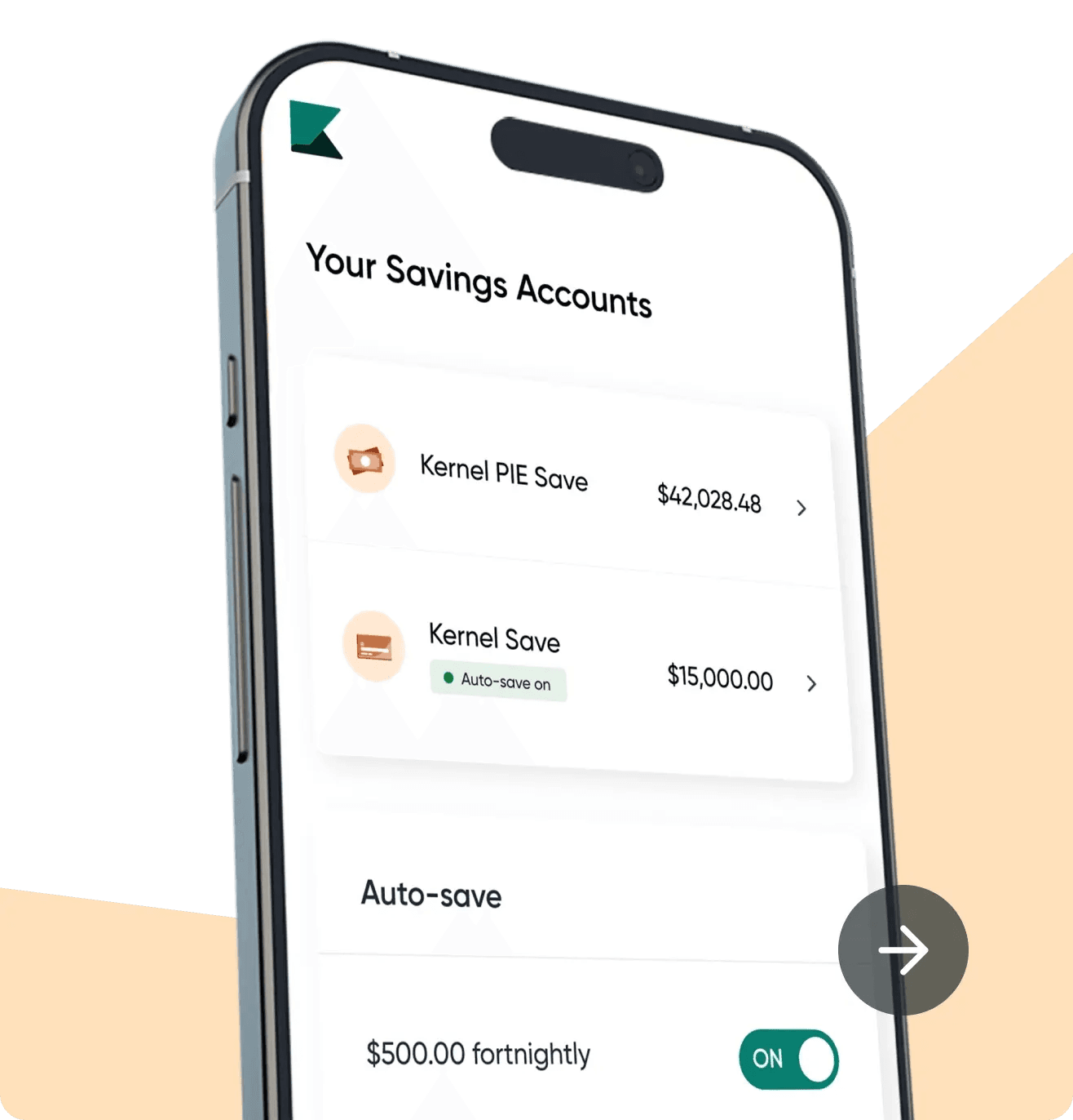 A mobile device showing Kernel PIE Save and Kernel Save with auto-invest